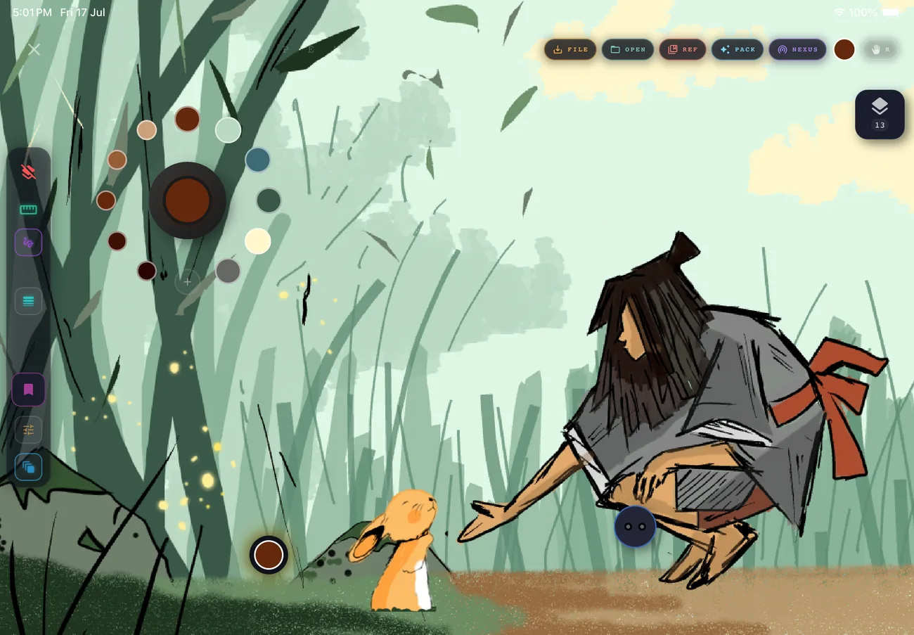 The Apex Olira canvas on a tablet — a cloaked figure crouching in tall grass to meet a small hare, with the colour dial and layer panel folded to the edges of the screen