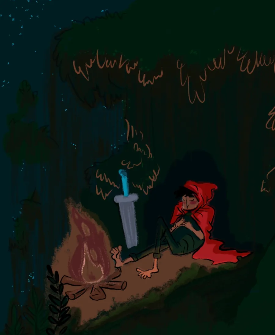 A hooded figure resting beside a campfire at night, a sword planted in the ground next to them, drawn in Apex Olira with visible sketch strokes