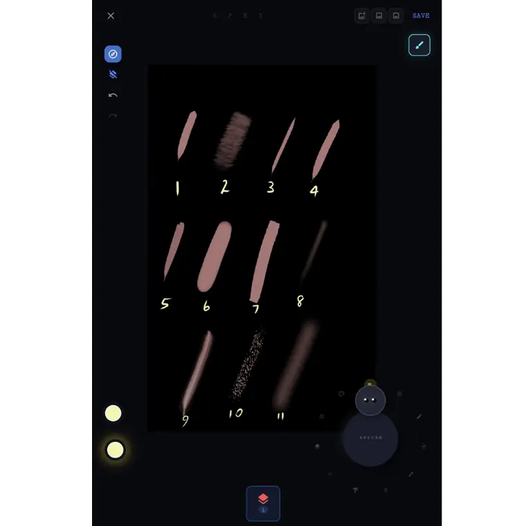 Brush strokes rendered on the Apex Olira canvas, showing eight numbered brushes