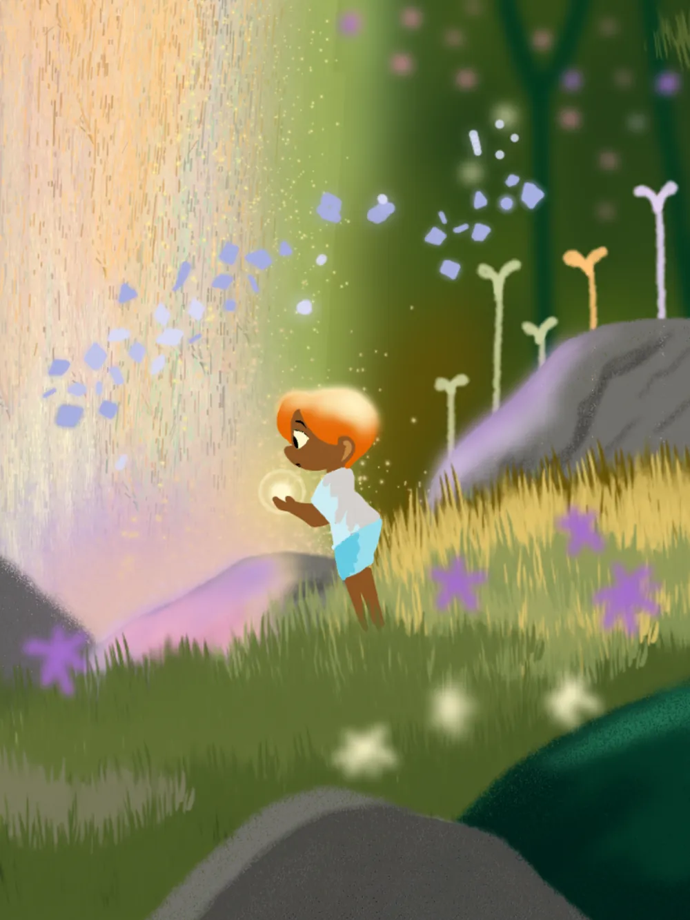 A child standing in a forest clearing at dusk, cupping a small glowing light, with pale petals drifting through the grass around them — drawn in Apex Olira