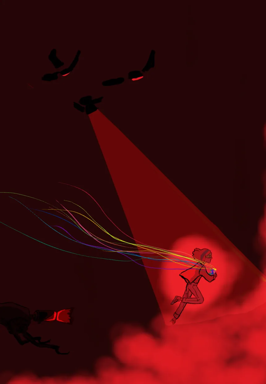A figure running through red mist trailing long ribbons of colour behind them, dark craft overhead casting a searchlight — drawn in Apex Olira